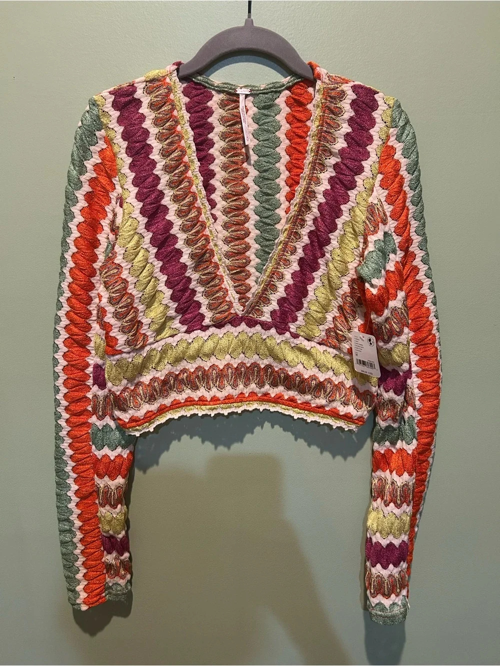 Free People Crochet V-Neck Multicolor Women's Top - Pink, Orange & Green